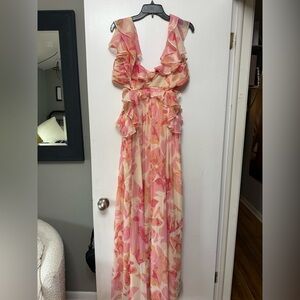 ASOS Pink and Cream Floral Ruffle Jumpsuit